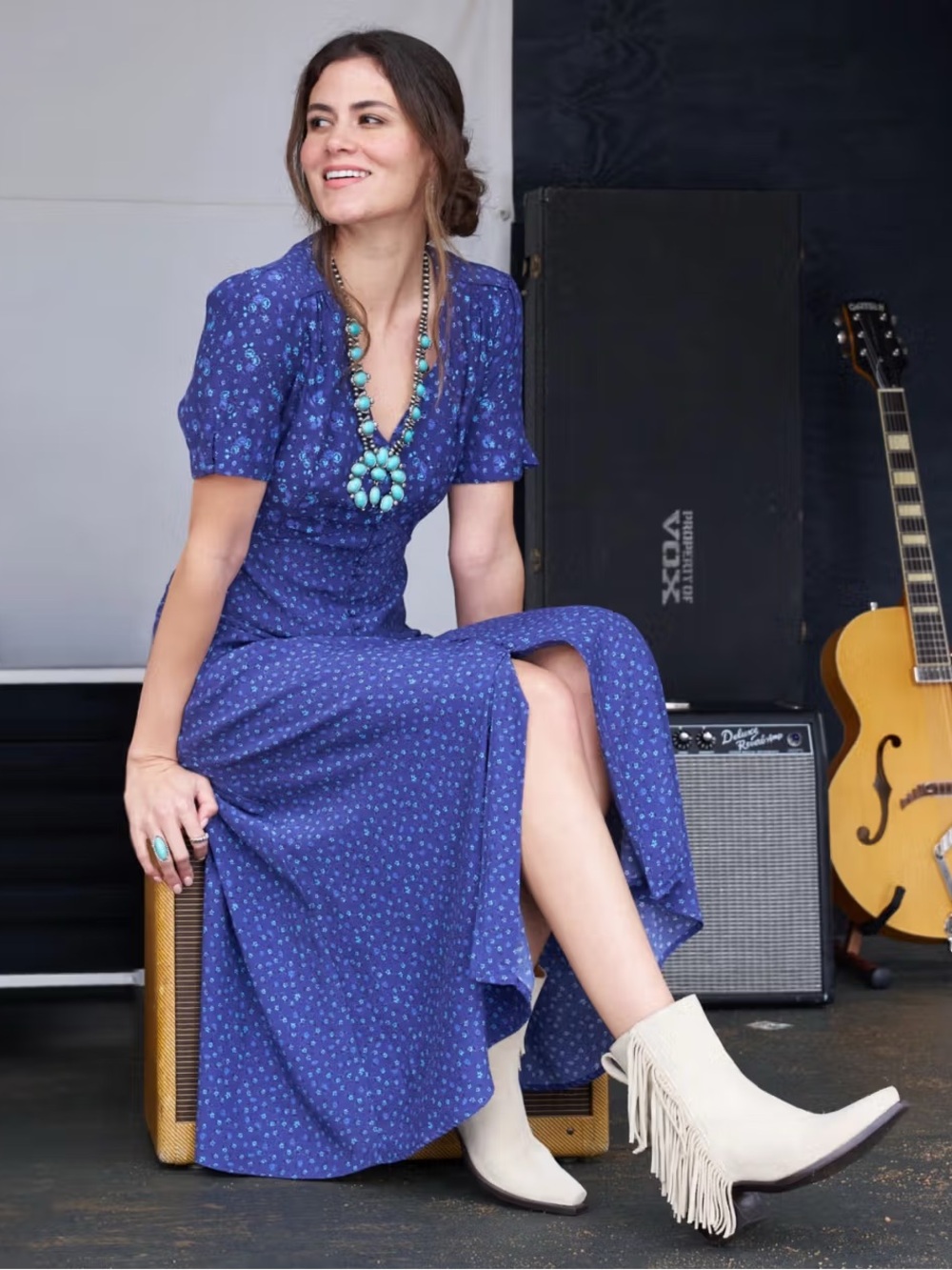 Blue Button-Front Midi Dress - Picture 3 of 8
